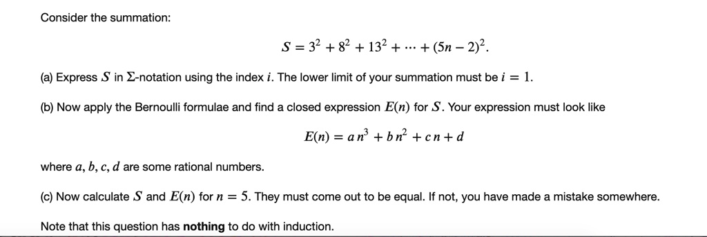 SOLVED: Consider the summation: S =32 + 82 + 132 + + (Sn - 2)2. Express ...