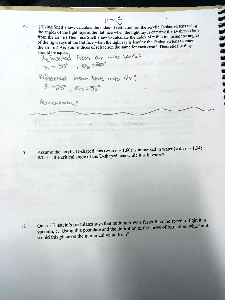 SOLVED n = i) Using Snell's law, calculate the index of refraction for