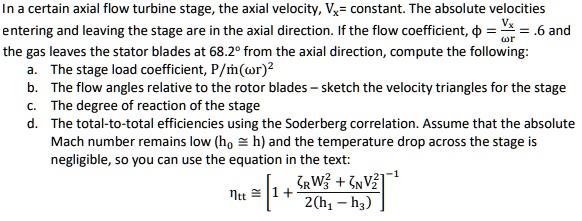 In a certain axial flow turbine stage, the axial velocity, Vx ...