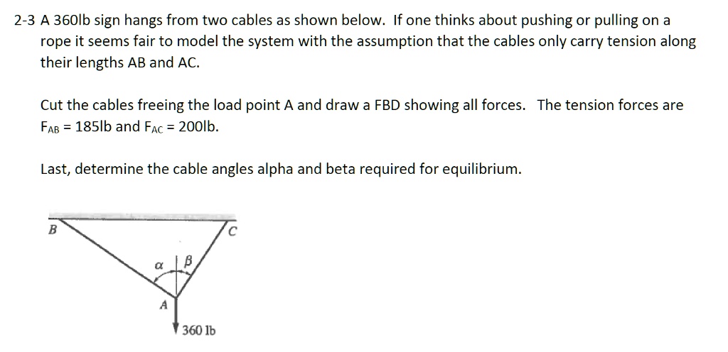 2-3 A 360lb sign hangs from two cables as shown below. If one thinks about pushing or pulling on a rope it seems fair to model the system with the assumption that the cables only carry tension along their lengths AB and AC. Cut the cables freeing the load point A and draw a FBD showing all forces. The tension forces are FAB = 185lb and FAC = 200lb. Last, determine the cable angles alpha and beta required for equilibrium.