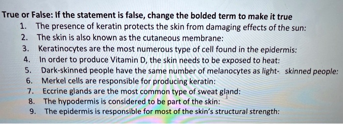 True or False: If the statement is false, change the bolded term to make it true
1. The presence of keratin protects the skin from damaging effects of the sun:
2. The skin is also known as the cutaneous membrane:
3. Keratinocytes are the most numerous type of cell found in the epidermis:
4. In order to produce Vitamin D, the skin needs to be exposed to heat:
5. Dark-skinned people have the same number of melanocytes as light- skinned people:
6. Merkel cells are responsible for producing keratin:
7. Eccrine glands are the most common type of sweat gland:
8. The hypodermis is considered to be part of the skin:
9. The epidermis is responsible for most of the skin's structural strength: