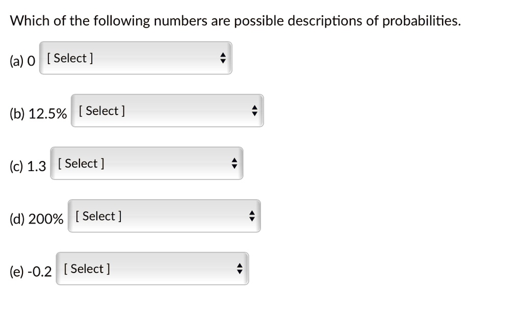 Which of the following numbers are possible descriptions of probabilities.
(a) 0 [ Select ]
(b) 12.5% [ Select ]
(c) 1.3 [ Select ]
(d) 200% [ Select ]
(e) -0.2 [ Select ]