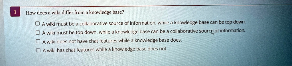 how does a wiki differ from a knowledge base a wiki must be a collaborative source of information while a knowledge base can be top down a wiki must be top down while a knowledge base can be 32786