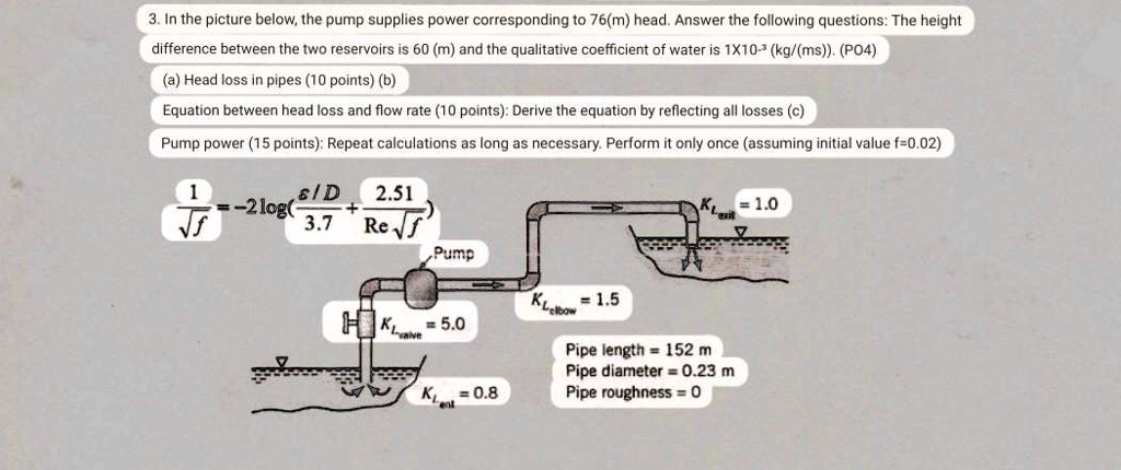 3. In the picture below, the pump supplies power corresponding to 76(m) head. Answer the following questions: The height difference between the two reservoirs is 60 (m) and the qualitative coefficient of water is 1X10^-3 (kg/(ms)). (PO4)
(a) Head loss in pipes (10 points) (b)
Equation between head loss and flow rate (10 points): Derive the equation by reflecting all losses (c)
Pump power (15 points): Repeat calculations as long as necessary. Perform it only once (assuming initial value f=0.02)
(1)/(√(f)) = -2log((ϵ/D)/(3.7) + (2.51)/(Re√(f)))