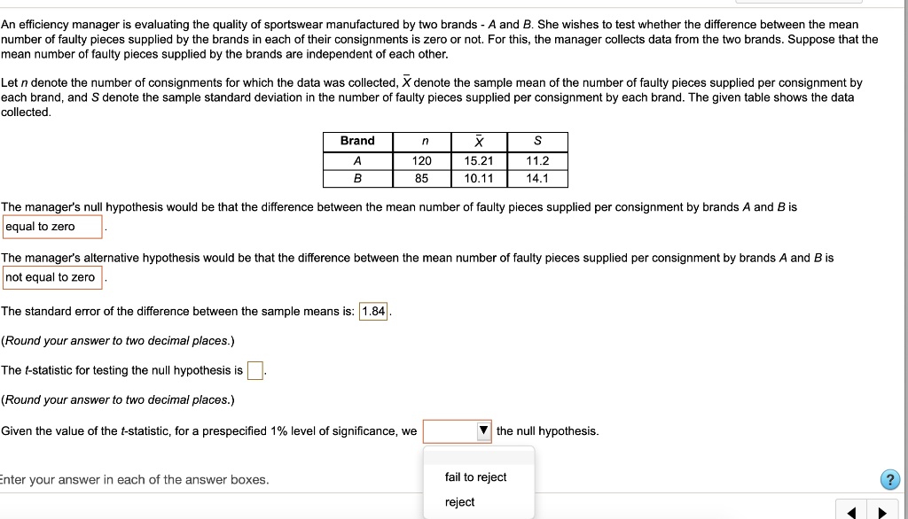 An efficiency manager is evaluating the quality of sportswear manufactured by two brands - A and B. She wishes to test whether the difference between the mean number of faulty pieces supplied by the brands in each of their consignments is zero or not. For this, the manager collects data from the two brands. Suppose that the mean number of faulty pieces supplied by the brands are independent of each other.

Let n denote the number of consignments for which the data was collected, X? denote the sample mean of the number of faulty pieces supplied per consignment by each brand, and S denote the sample standard deviation in the number of faulty pieces supplied per consignment by each brand. The given table shows the data collected.

Brand | n | X? | S
— | — | — | —
A | 120 | 15.21 | 11.2
B | 85 | 10.11 | 14.1

The manager’s null hypothesis would be that the difference between the mean number of faulty pieces supplied per consignment by brands A and B is equal to zero.

The manager’s alternative hypothesis would be that the difference between the mean number of faulty pieces supplied per consignment by brands A and B is not equal to zero.

The standard error of the difference between the sample means is: 1.84.
(Round your answer to two decimal places.)

The t-statistic for testing the null hypothesis is [ ].
(Round your answer to two decimal places.)

Given the value of the t-statistic, for a prespecified 1% level of significance, we [ ] the null hypothesis.

Enter your answer in each of the answer boxes.
fail to reject
reject