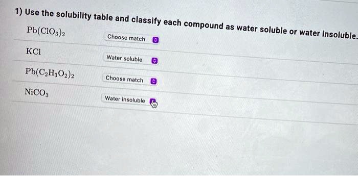 Choose The Compound That Is The Most Soluble In Water SOLVED: Use the solubility table and classify each Pb(ClO2)2 compound