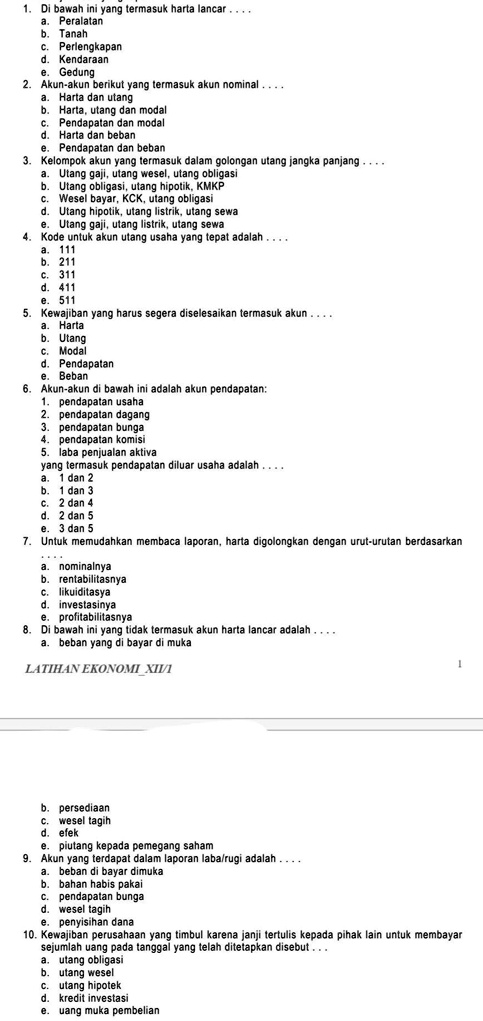 Solved Soal Ekonomi Kelas Latihan Penggolongan Akun Pawen Ini Yang