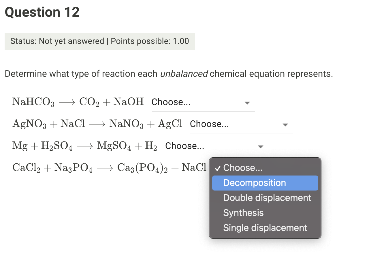 SOLVED types of chemical reactions quiz