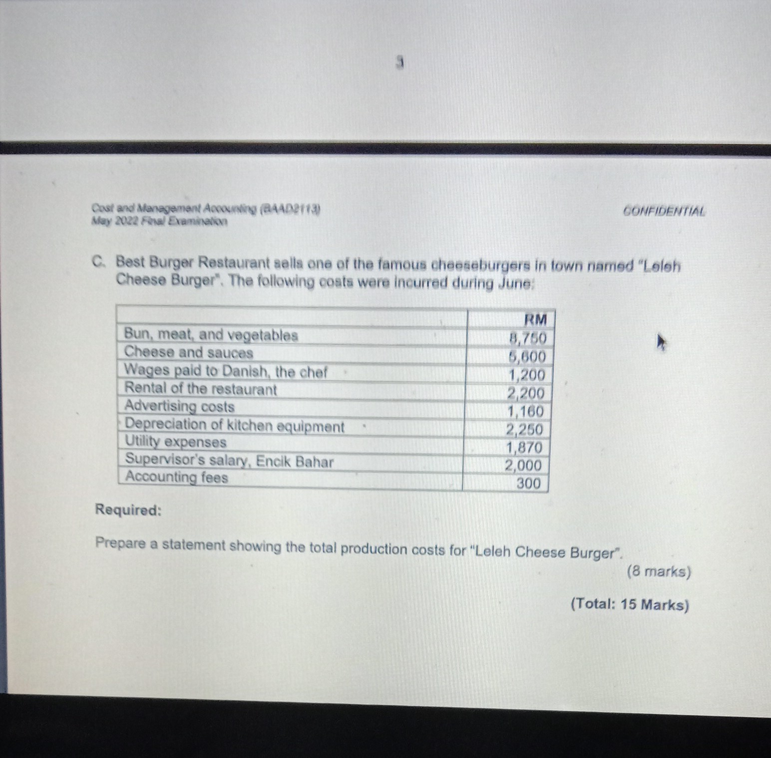 SOLVED 3 Cosf and Management Accowing (A4ADeris) GONFIDENIIAL May 2022