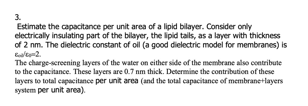 SOLVED:3 Estimate the capacitance per unit area of a lipid bilayer ...