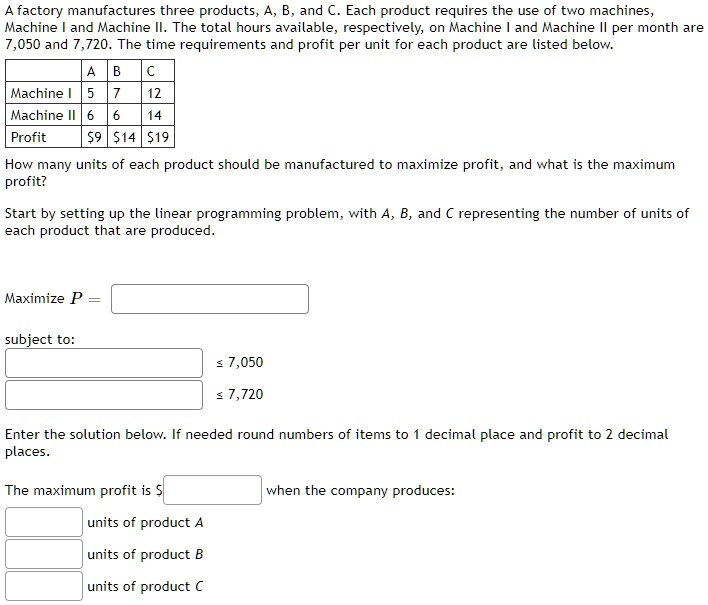 A factory manufactures three products, A, B, and C. Each product requires the use of two machines, Machine I and Machine II. The total hours available, respectively, on Machine I and Machine II per month are 7,050 and 7,720. The time requirements and profit per unit for each product are listed below.

| | A | B | C |
|—|—|—|—|
| Machine I | 5 | 7 | 12 |
| Machine II | 6 | 6 | 14 |
| Profit | 9 |14 | 19 |

How many units of each product should be manufactured to maximize profit, and what is the maximum profit?

Start by setting up the linear programming problem, with A, B, and C representing the number of units of each product that are produced.

Maximize P =

subject to:

[ ] ? 7,050
[ ] ? 7,720

Enter the solution below. If needed round numbers of items to 1 decimal place and profit to 2 decimal places.

The maximum profit is [ ] when the company produces:
[ ] units of product A
[ ] units of product B
[ ] units of product C