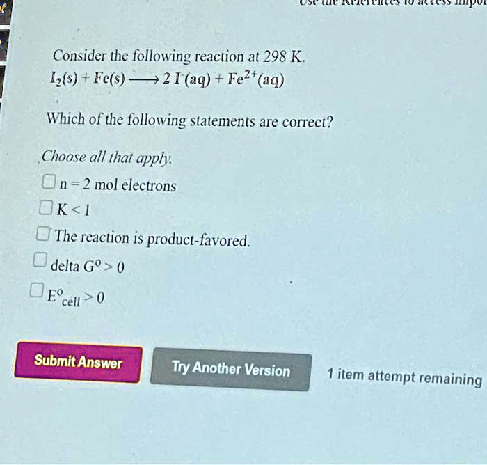 Solved Consider The Following Reaction At 298 K 1z S Fe S 2 [ A9