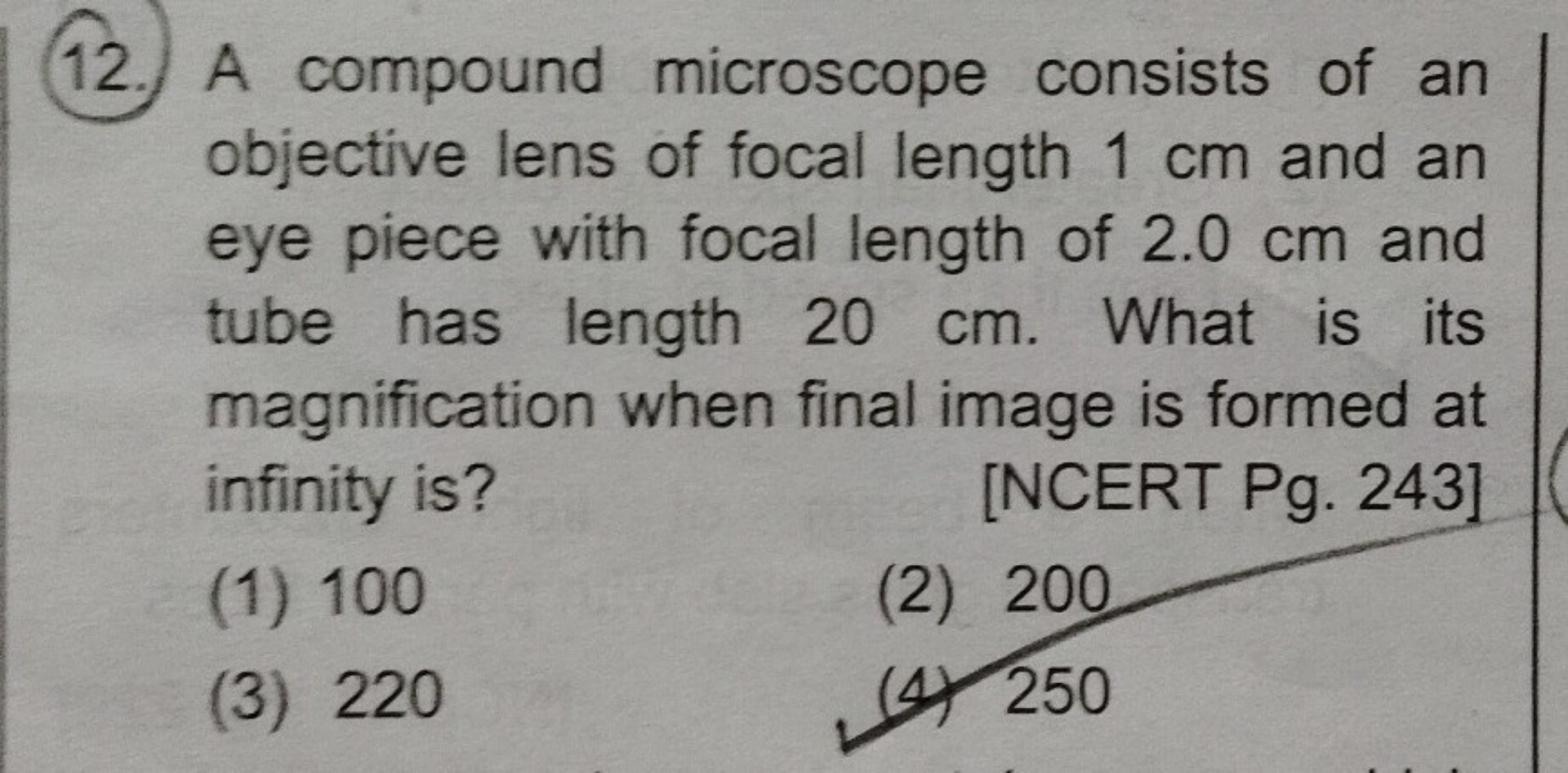 12. A compound microscope consists of an objective lens of focal length ...