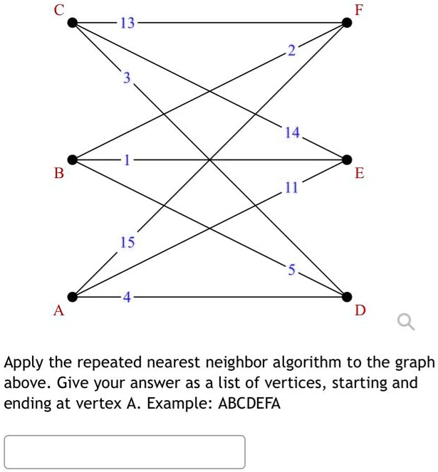C 13 F 2 3 14 B 1 E 11 15 5 A 4 D Apply the repeated nearest neighbor algorithm to the graph above. Give your answer as a list of vertices, starting and ending at vertex A. Example: ABCDEFA
