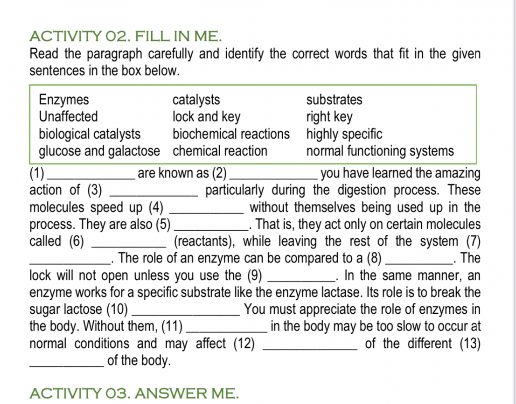 SOLVED ACTIVITY O2. FILL IN ME. Read the paragraph carefully and