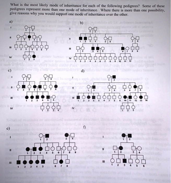 What is the most likely mode of inheritance for each of the following pedigrees? Some of these pedigrees represent more than one mode of inheritance. Where there is more than one possibility, give reasons why you would support one mode of inheritance over the other.