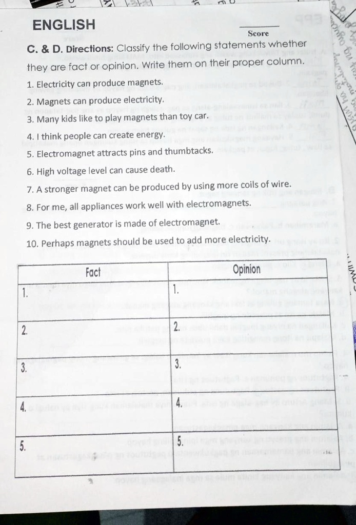 SOLVED ENGLISH Score C D. Directions Classify the following