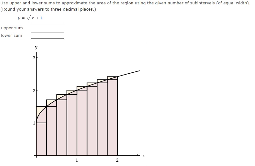 Use upper and lower sums to approximate the area of the region using the given number of subintervals (of equal width). (Round your answers to three decimal places.)
y = ?x + 1
upper sum
lower sum