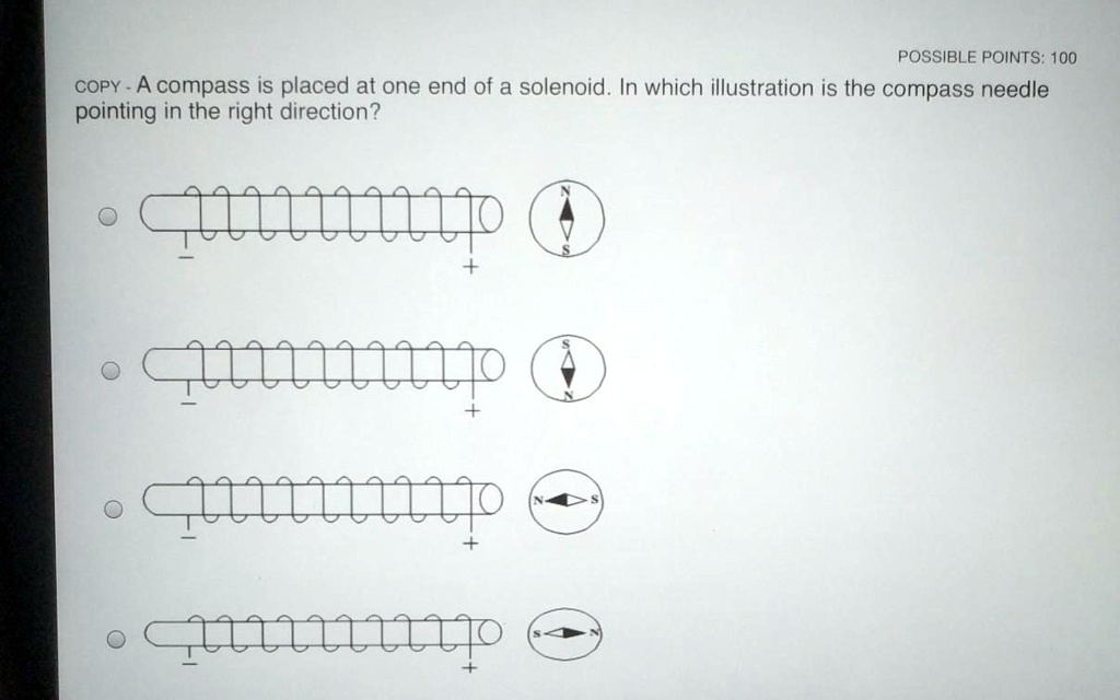 A compass is placed at one end of a solenoid. In which illustration is the compass needle pointing in the right direction?