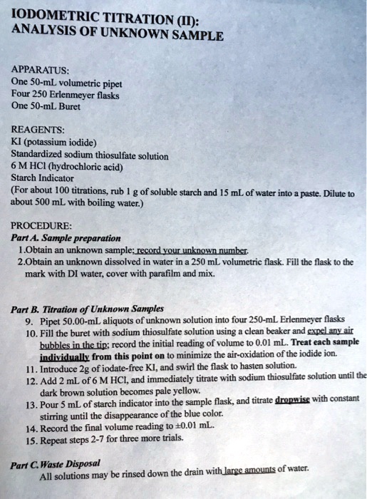 Solved Iodometric Titration Ii Analysis Of Unknown Sample Apparatus