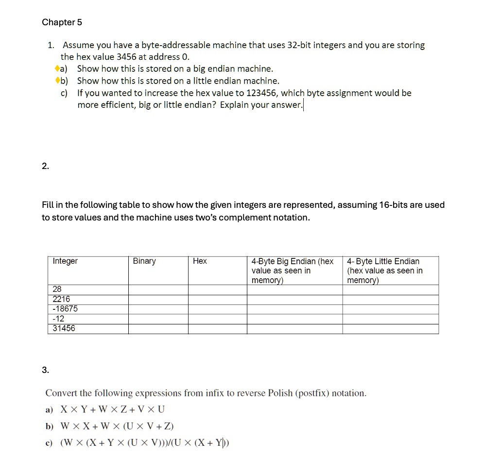 chapter 5 1 assume you have a byte addressable machine that uses 32 bit integers and you are storing the hex value 3456 at address 0 a show how this is stored on a big endian machine b show  31137