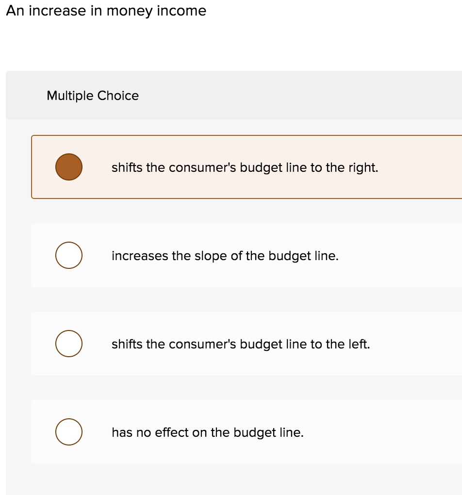 An increase in money income
shifts the consumer's budget line to the right.
increases the slope of the budget line.
shifts the consumer's budget line to the left.
has no effect on the budget line.
