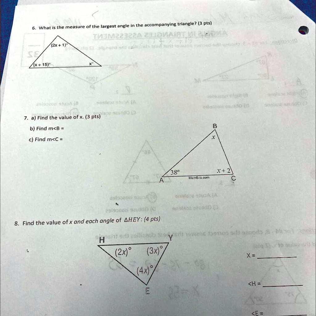 SOLVED: '7. a) Find the value of x. (3 pts) b) Find m B c) Find m X 380 ...