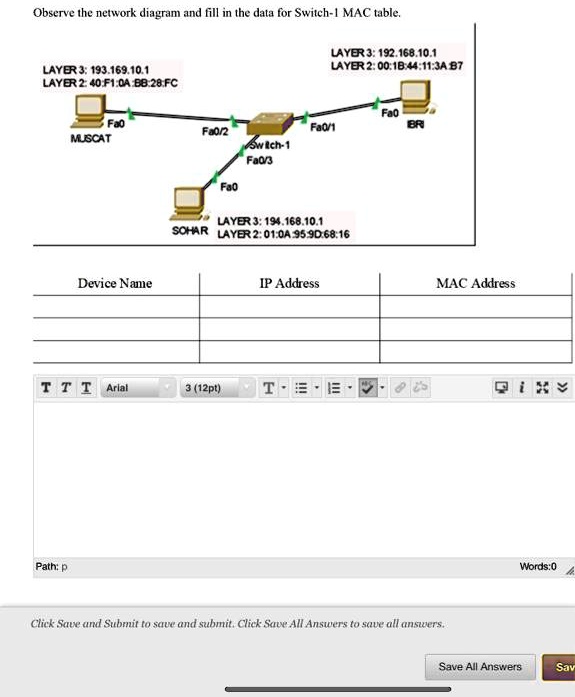 Observe the network diagram and fill in the data for Switch-1 MAC table.
LAYER 3: 193.169.10.1
LAYER 2: 40:F1:0A:BB:28:FC
LAYER 3: 192.168.10.1
LAYER 2:00:18:44:11:3A 87
Fa0
Fa0
Fa0/1
BR
Fa0/2
MUSCAT
Switch-1
Fa0/3
Fa0
Device Name
LAYER 3: 194.168.10.1
SOHAR LAYER 2: 01:0A:95:9D:68:16
IP Address
MAC Address
Path: p
Click Save and Submit to save and submit. Click Save All Answers to save all answers.