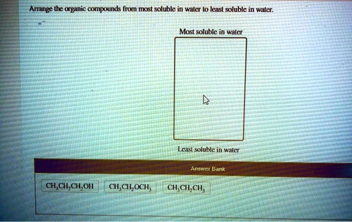 Solved Arrange The Organic Compounds From Most Soluble In Water L0 Least Soluble In Water Most 4356