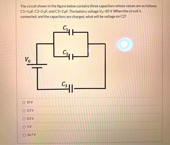 The circuit shown in the figure below contains three capacitors whose