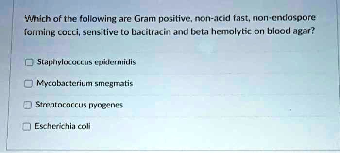 Which of the following are Gram positive, non-acid fast, non-endospore
forming cocci, sensitive to bacitracin and beta hemolytic on blood agar?
Staphylococcus epidermidis
Mycobacterium smegmatis
Streptococcus pyogenes
Escherichia coli