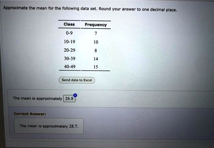 Approximate the mean for the following data set. Round your answer to one decimal place.
Class
Frequency
0-9
7
10-19
10
20-29
8
30-39
14
40-49
15
Send data to Excel
The mean is approximately 26.8
Correct Answer:
The mean is approximately 28.7.