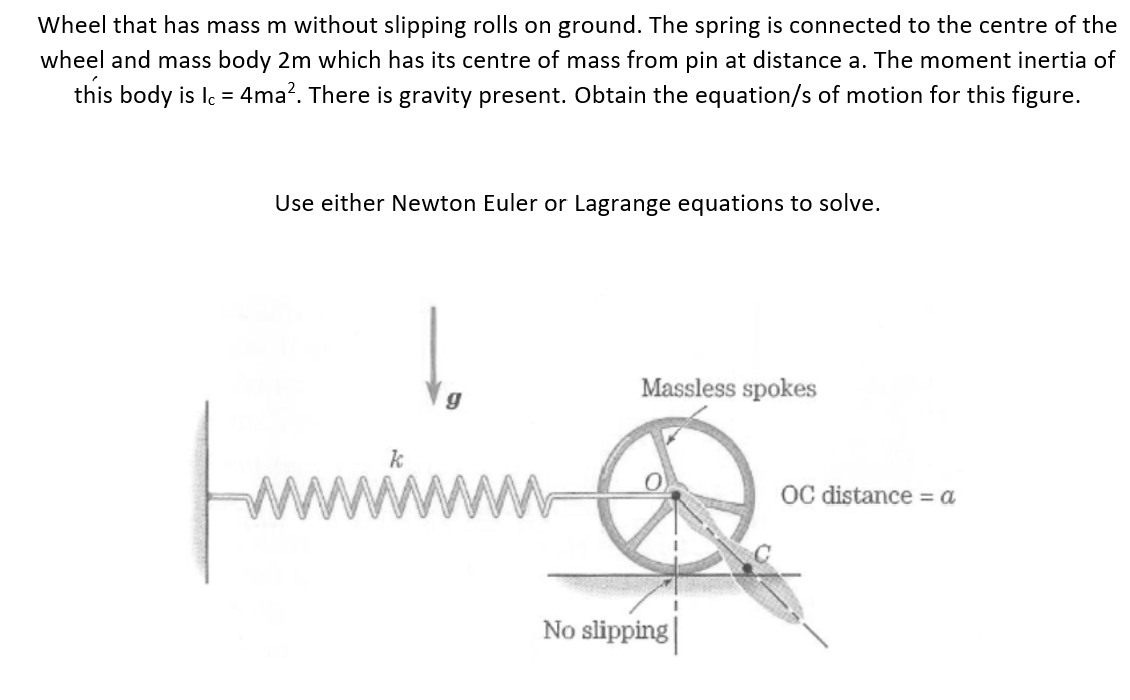 Wheel that has mass m without slipping rolls on ground. The spring is connected to the centre of the wheel and mass body 2  m which has its centre of mass from pin at distance a. The moment inertia of this body is Ic=4 ma^2. There is gravity present. Obtain the equation/s of motion for this figure.
Use either Newton Euler or Lagrange equations to solve.