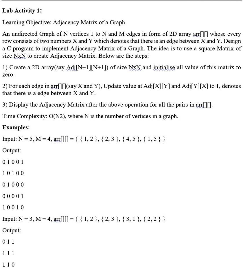 Lab Activity 1: Learning Objective: Adjacency Matrix of a Graph An ...