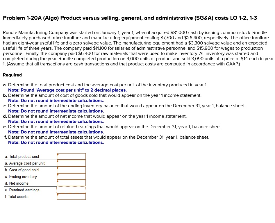 SOLVED: Problem 1-20A (Algo) Product versus selling, general, and ...