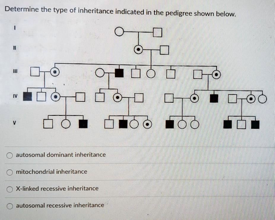 SOLVED: Determine the type of inheritance indicated in the pedigree ...