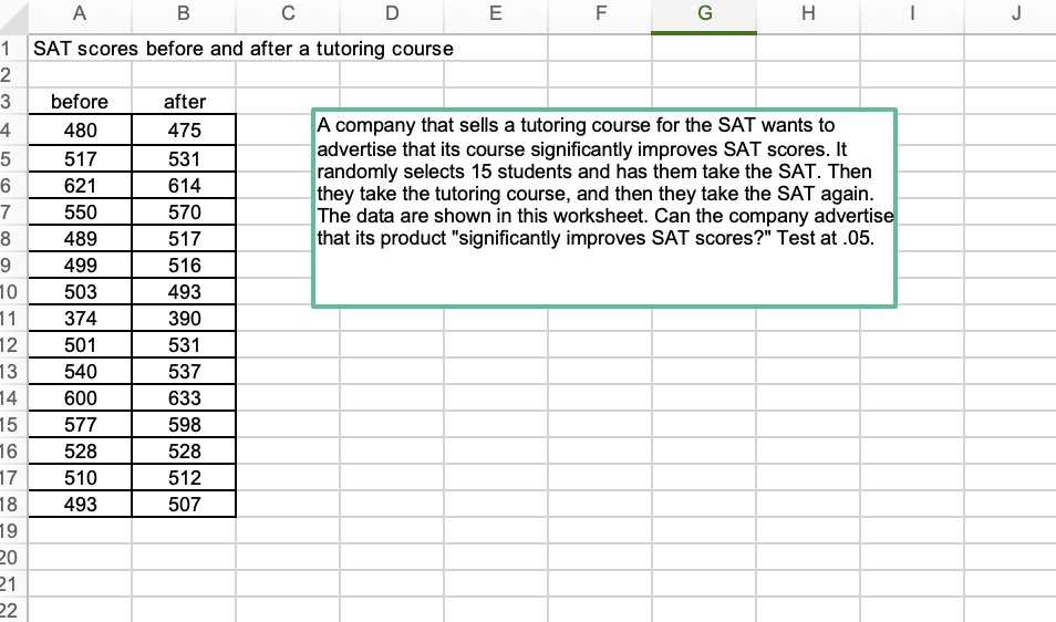 SAT scores before and after a tutoring course
before
after
480
475
517
531
621
614
550
570
489
517
499
516
503
493
374
390
501
531
540
537
600
633
577
598
528
528
510
512
493
507
A company that sells a tutoring course for the SAT wants to
advertise that its course significantly improves SAT scores. It
randomly selects 15 students and has them take the SAT. Then
they take the tutoring course, and then they take the SAT again.
The data are shown in this worksheet. Can the company advertise
that its product "significantly improves SAT scores?" Test at .05.