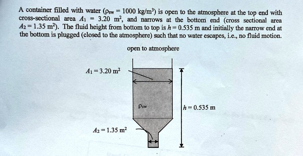 A container filled with water (?sw = 1000 kg/m^3) is open to the atmosphere at the top end with cross-sectional area A1 = 3.20 m^2, and narrows at the bottom end (cross-sectional area A2 = 1.35 m^2). The fluid height from bottom to top is h = 0.535 m and initially the narrow end at the bottom is plugged (closed to the atmosphere) such that no water escapes, i.e., no fluid motion.