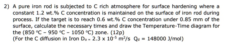 2) A pure iron rod is subjected to C rich atmosphere for surface ...