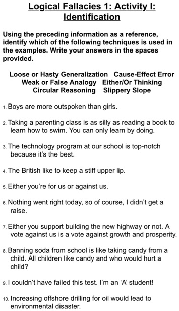 Logical Fallacies 1: Activity I: Identification Using the...
