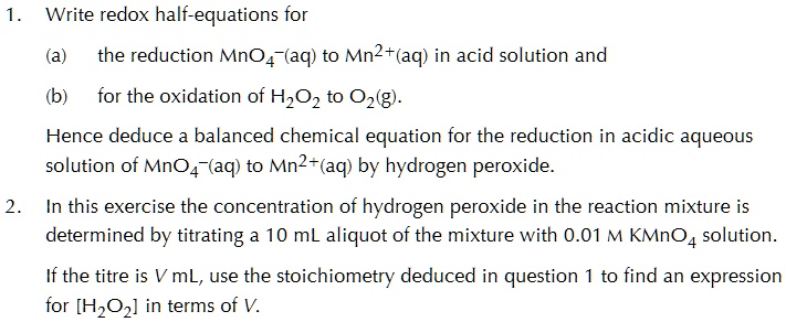 SOLVED: Write redox half-equations for (a) the reduction MnO4-(aq) to ...