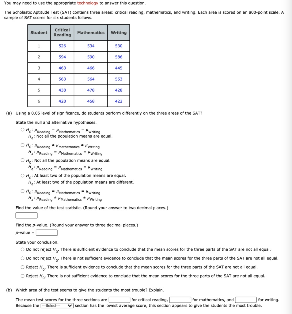 The Scholastic Aptitude Test (SAT) consists of three parts