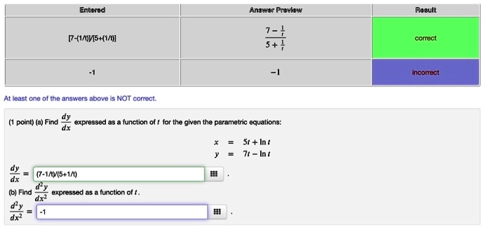 Entered
Answer Preview
Result
[7-(1/t)]/[5+(1/t)]
frac7-frac1t5+frac1t
correct
-1
-1
incorrect
At least one of the answers above is NOT correct.
(1 point) (a) Find fracdydx expressed as a function of t for the given the parametric equations:
x = 5t + ln t
y = 7t - ln t
fracdydx = frac(7-frac1t)(5+frac1t)
(b) Find fracd^2ydx^2 expressed as a function of t.
fracd^2ydx^2 = -1