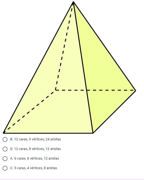 hola alguien me ayuda por favor indica el numero de caras vertices y aristas que tiene la siguiente figura b 12 caras vertices 24 aristas d 12 caras 8 vertices 12 aristas o 6 caras vertices  41917