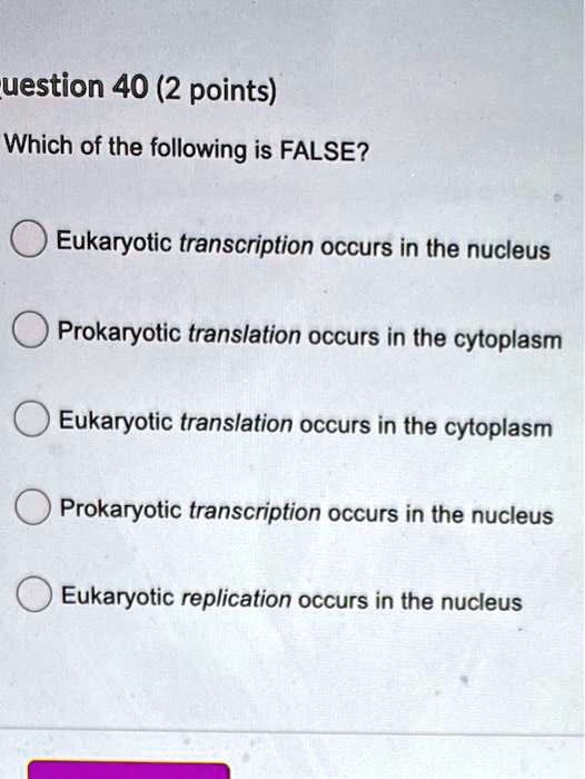 Which of the following is FALSE?

Eukaryotic transcription occurs in the nucleus

Prokaryotic translation occurs in the cytoplasm

Eukaryotic translation occurs in the cytoplasm

Prokaryotic transcription occurs in the nucleus

Eukaryotic replication occurs in the nucleus