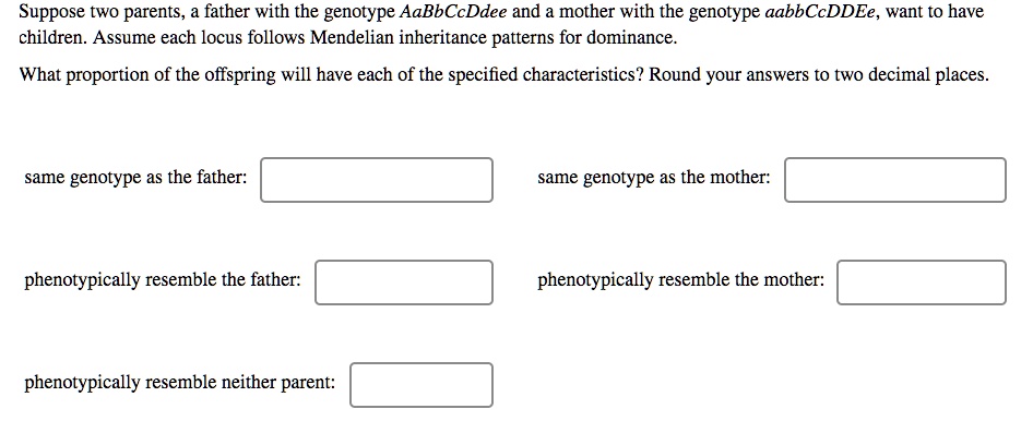 SOLVED: Suppose two parents, a father with the genotype AaBbCcDdee and ...
