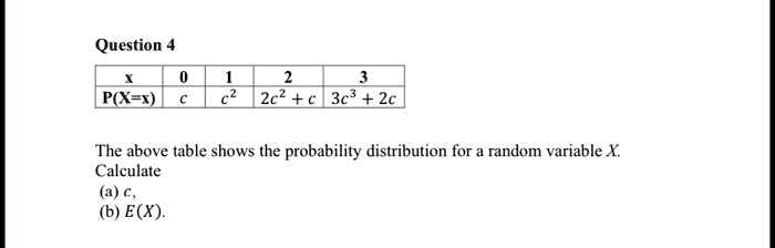 SOLVED: Question 4 P(Xr) 2c? + € 3c + 2c The above table shows the ...