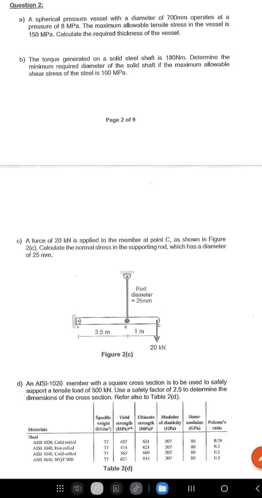 SOLVED: Question 2: a) A spherical pressure vessel with a diameter of ...