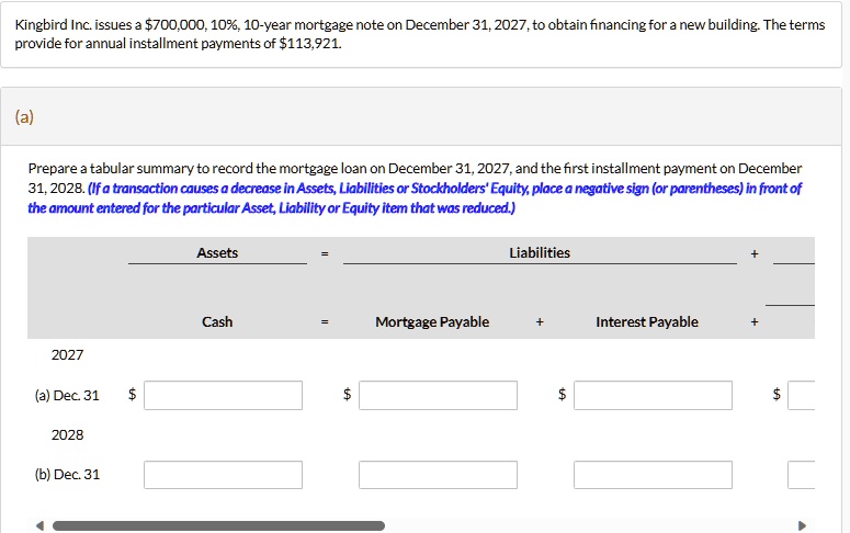 SOLVED: Assets Liabilities Cash Mortgage Payable Interest Payable 2027 ...