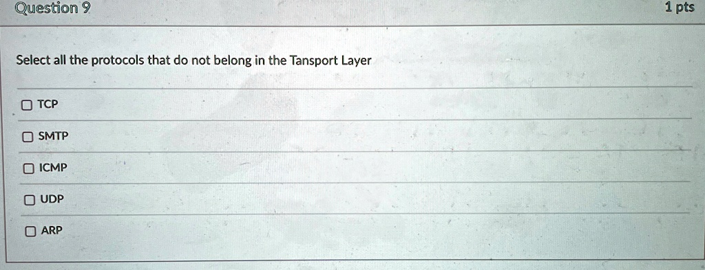 question 9 select all the protocols that do not belong in the tansport layer tcp smtp icmp udp arp 1 pts 84663